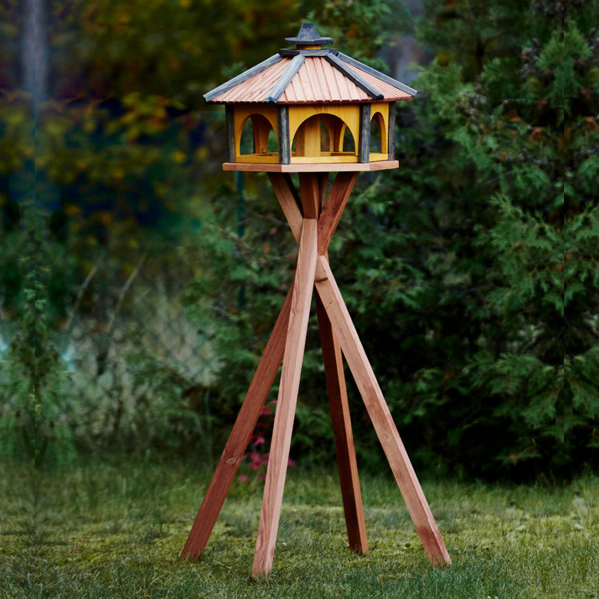 MKSTOR Drevené kŕmitko pre vtáky 60x50x40cm, vtáčia búdka so zásobníkom jedla, modrá