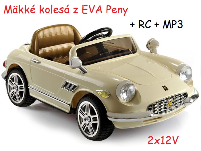 JOKO Elektrické autíčko RETRO s penovými kolesami, MP3, bluetooth, krémové