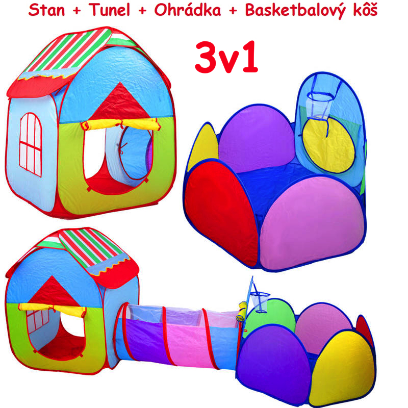 JOKO Detský samorozkladací stan s tunelom + ohrádka s basketbalovým košom 3v1