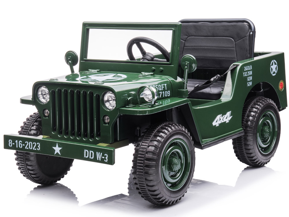 JOKO Elektrické autíčko Vojenský Jeep Willys, kožené sedadlo, penové kolesá, tmavo zelené