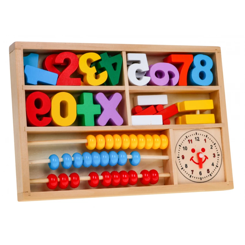 JOKO Drevená súprava Matematika 3v1 s výukou Počítania, čísla, matematické značky + počítadlo + hodiny