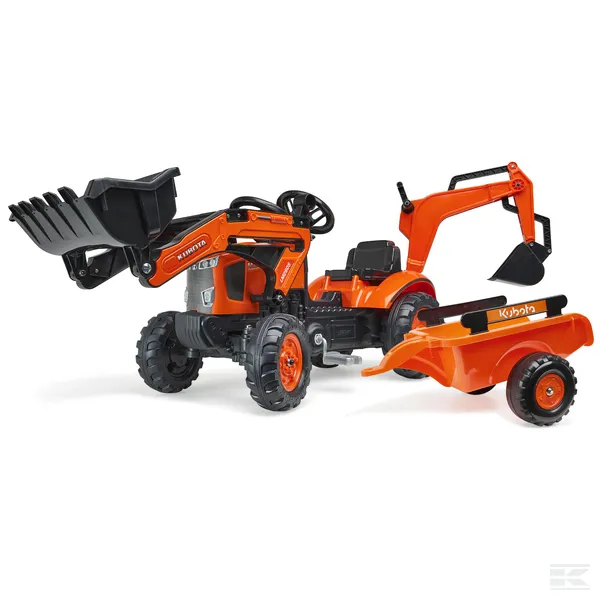 FALK Šľapací Traktor Bager Kubota Class Arion 410 s čelným nakladačom a vlečkou, červený