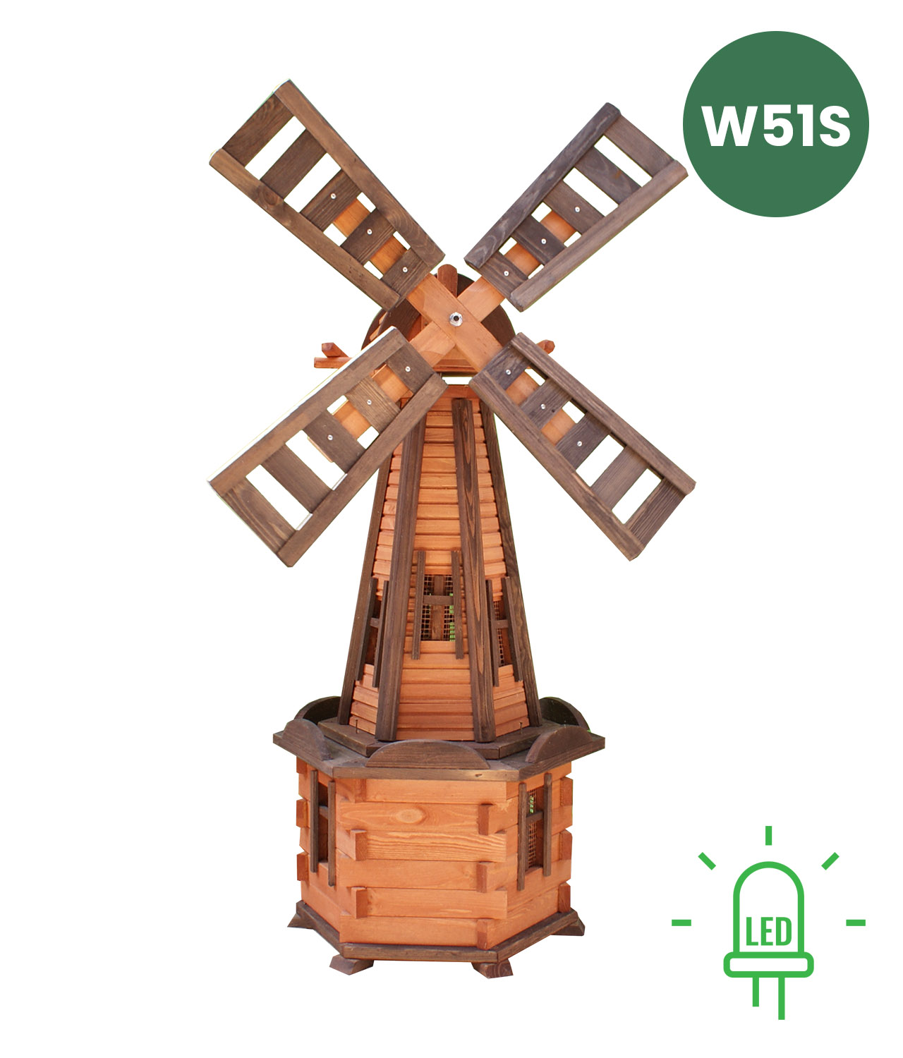 MKSTOR Drevený Solárny veterný mlyn 135cm s LED svetlom, záhradný, otočný, dekoračný, W51S