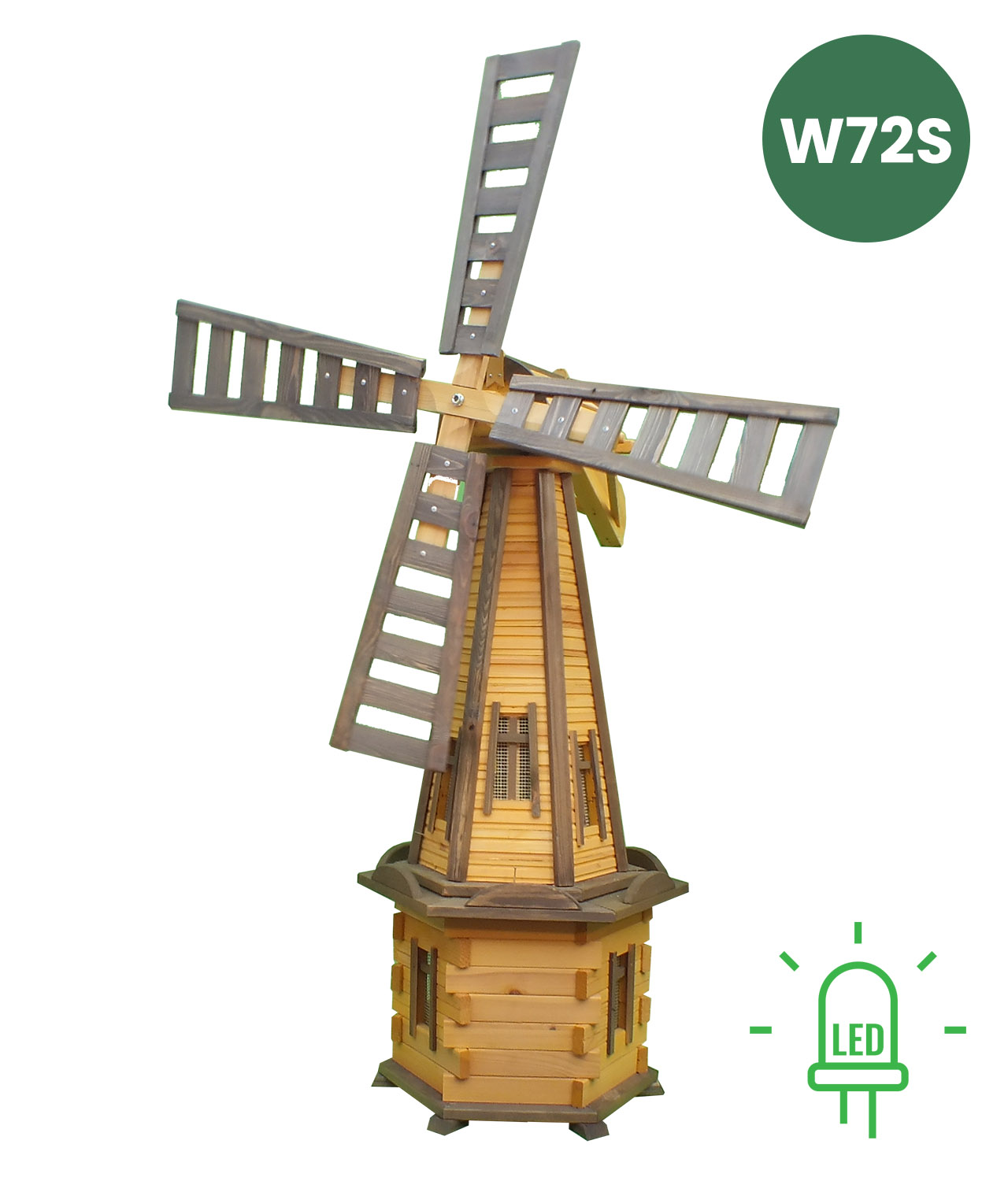 MKSTOR Drevený Solárny veterný mlyn 170cm s LED svetlom, záhradný, otočný, dekoračný W72S