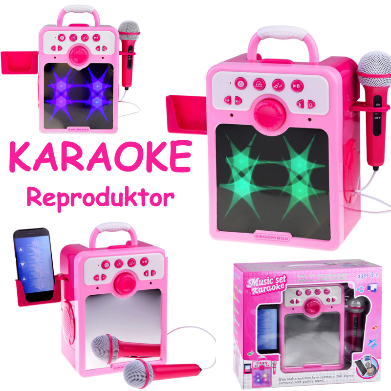 JOKO Detský Karaoke Reproduktor s Mikrofónom + vstup USB a MP3, ružový