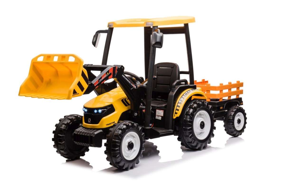 JOKO Elektrický Traktor MEGA D68 2x200W s Kabínou a vlečkou + Predný Nakladač, kožené sedadlo, žltý