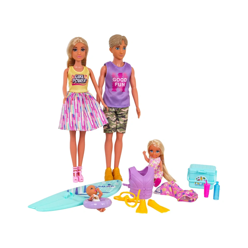 Anlily Sada Bábiky Rodinka na Dovelenke s bábätkom + Surf, potápačské oblečenie, plavky, koleso, otec, mama