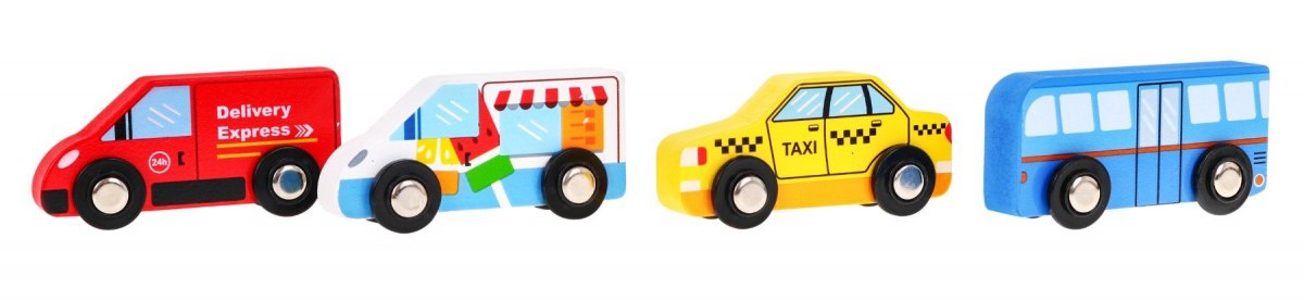 Huile Toys Sada Drevené autíčka + drevené dopravné značky v drevenom boxe