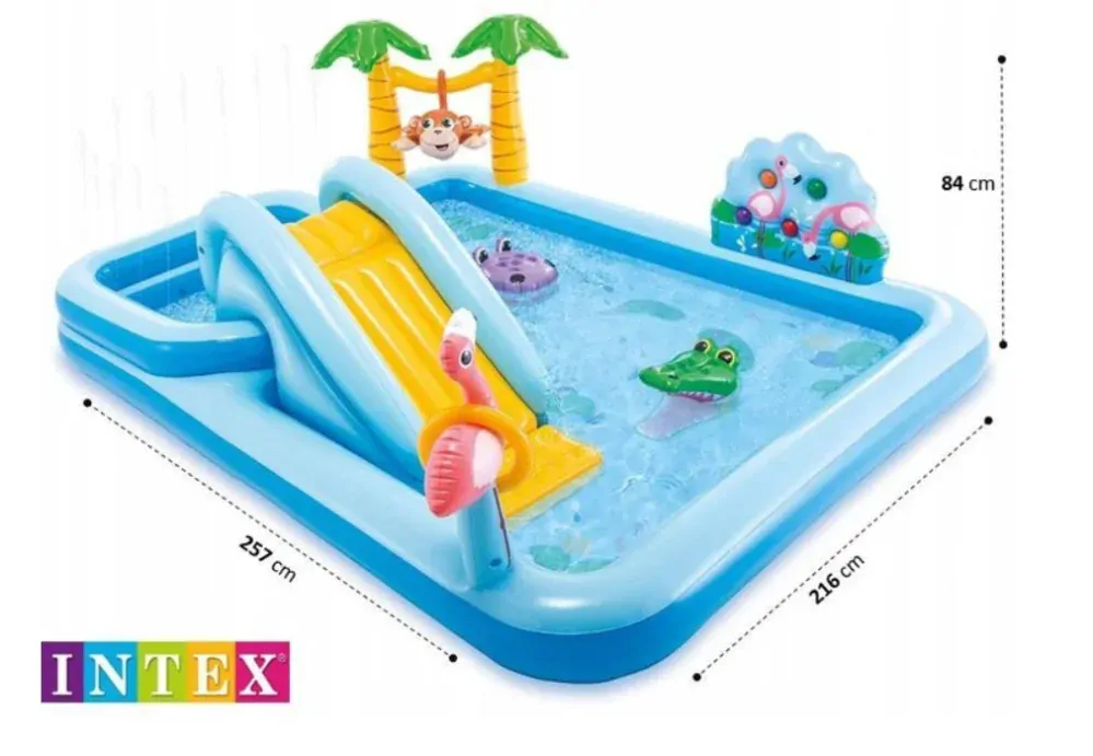 INTEX Detský Nafukovací bazén so šmýkačkou, fontánou Džungľa, Krokodíly, Opica, Pelikán