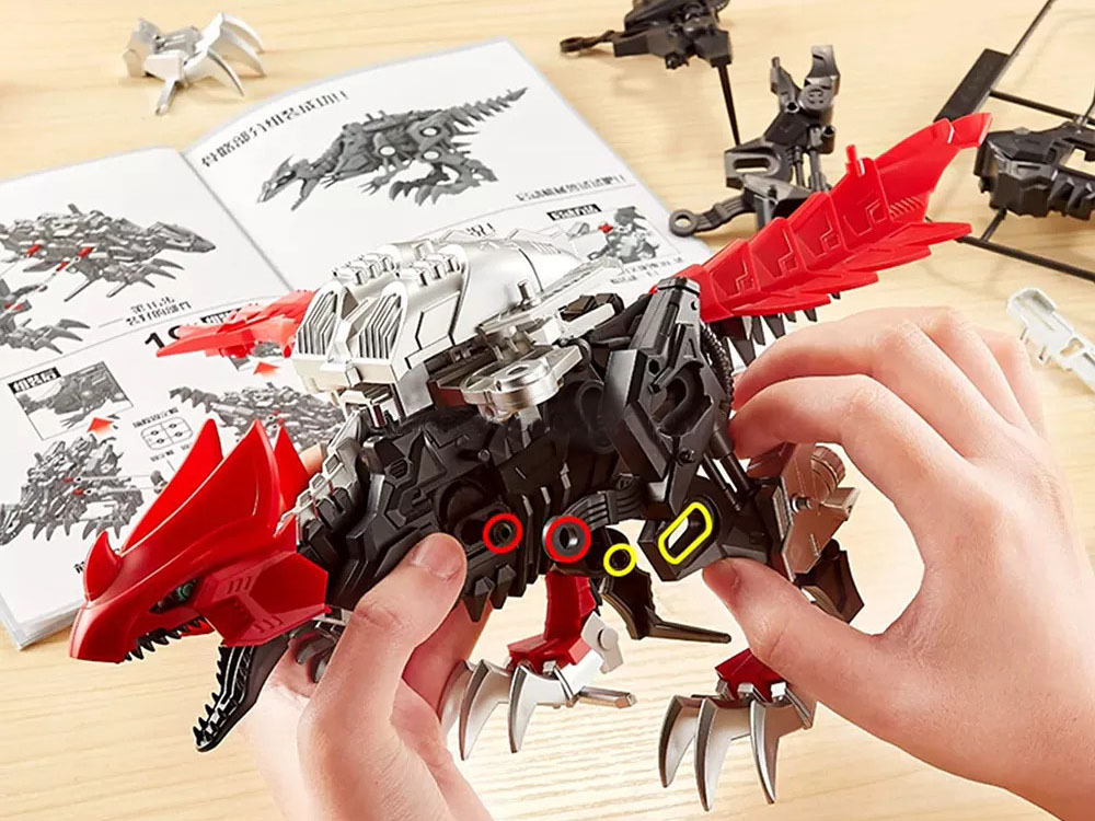 JOKO Stavebnica Dinosaurus RAPTOR na Batérie, s pohyblivými prvkami a Svietiacimi Očami, model dinosaura, červený