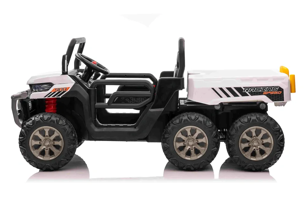 JOKO Elektrické autíčko s Elektricky vyklápacou vlečkou Pick-Up Speed 900, EFEKT Hojdania, kožené sedadlo, 6 kolies, penové kolesá, nosnosť 50kg, biele