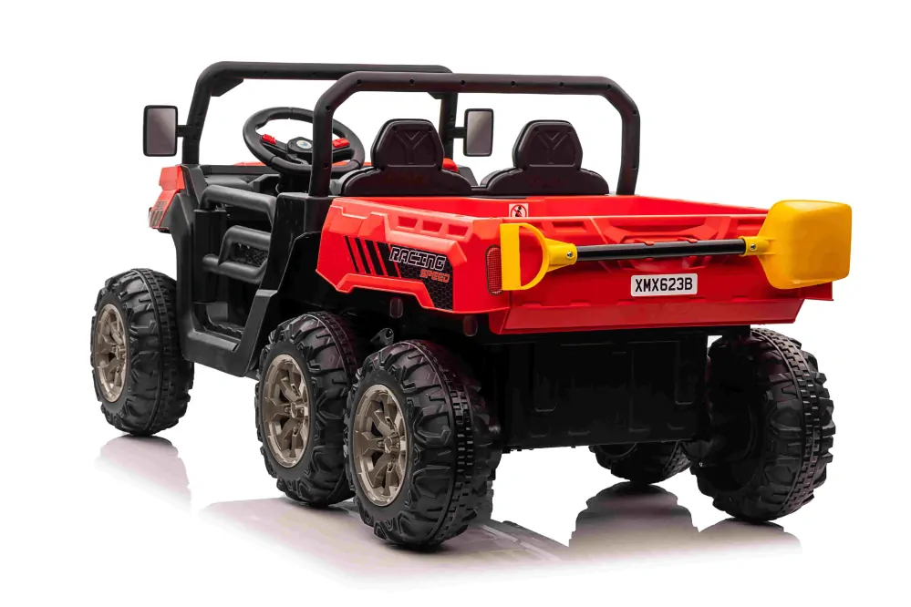 JOKO Elektrické autíčko s Elektricky vyklápacou vlečkou Pick-Up Speed 900, EFEKT Hojdania, kožené sedadlo, 6 kolies, penové kolesá, nosnosť 50kg, červené