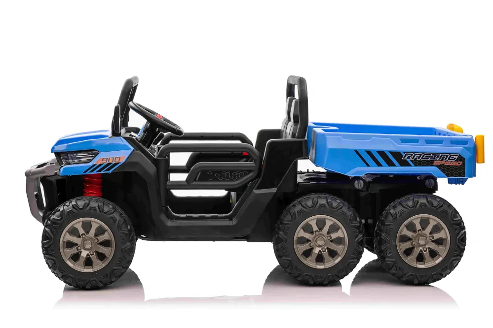 JOKO Elektrické autíčko s Elektricky vyklápacou vlečkou Pick-Up Speed 900, EFEKT Hojdania, kožené sedadlo, 6 kolies, penové kolesá, nosnosť 50kg, modré