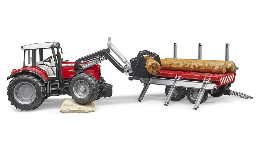 Bruder, Traktor Massey Ferguson 7480 s predným nakladačom a prívesom na drevo, 1:16