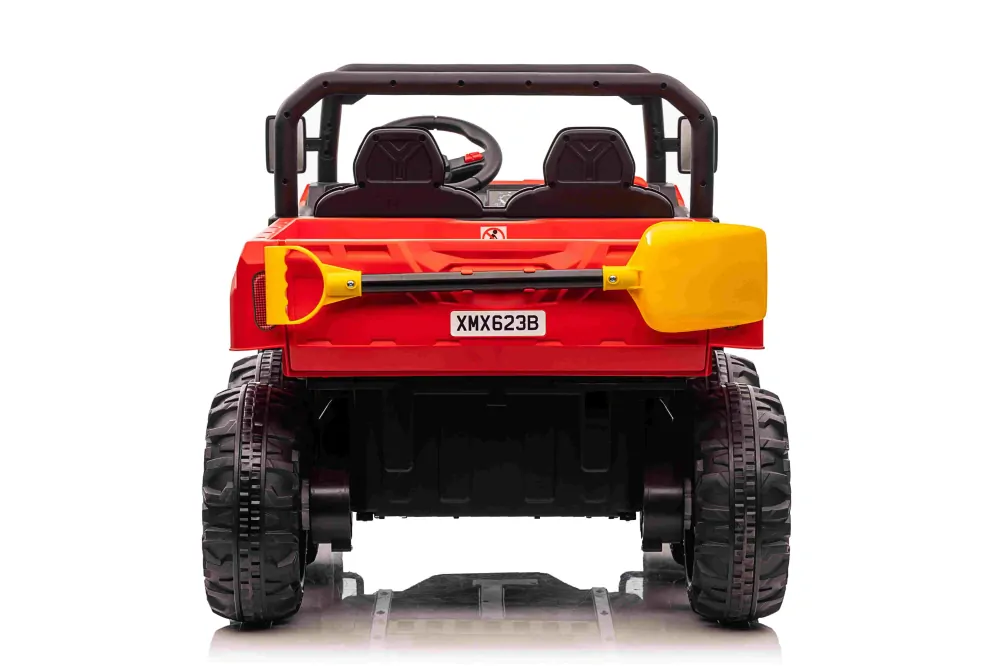 JOKO Elektrické autíčko s Elektricky vyklápacou vlečkou Pick-Up Speed 900, EFEKT Hojdania, kožené sedadlo, 6 kolies, penové kolesá, nosnosť 50kg, červené