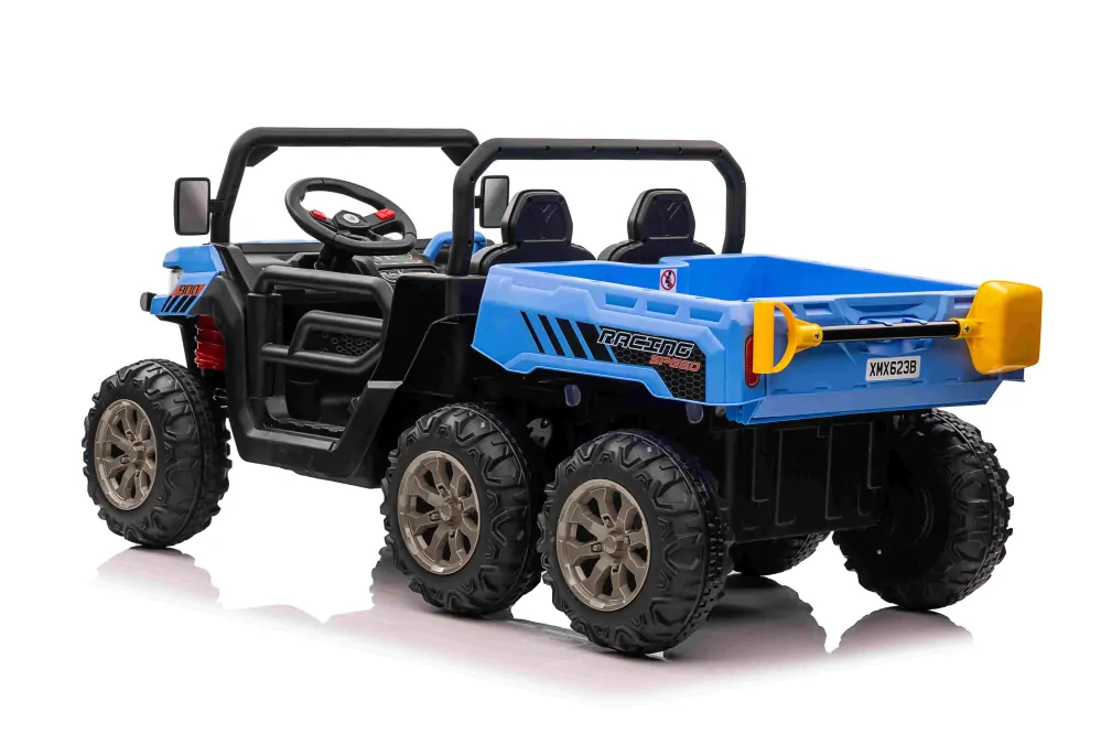 JOKO Elektrické autíčko s Elektricky vyklápacou vlečkou Pick-Up Speed 900, EFEKT Hojdania, kožené sedadlo, 6 kolies, penové kolesá, nosnosť 50kg, modré