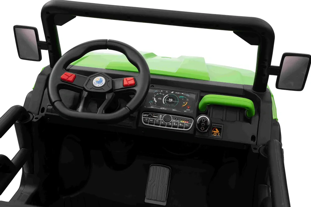 JOKO Elektrické autíčko s Elektricky vyklápacou vlečkou Pick-Up Speed 900, EFEKT Hojdania, kožené sedadlo, 6 kolies, penové kolesá, nosnosť 50kg, zelené