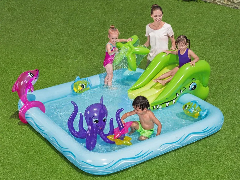 Bestway 53052 Detský bazén so šmýkalkou a fontánou 239cm x 206cm + zvieratká