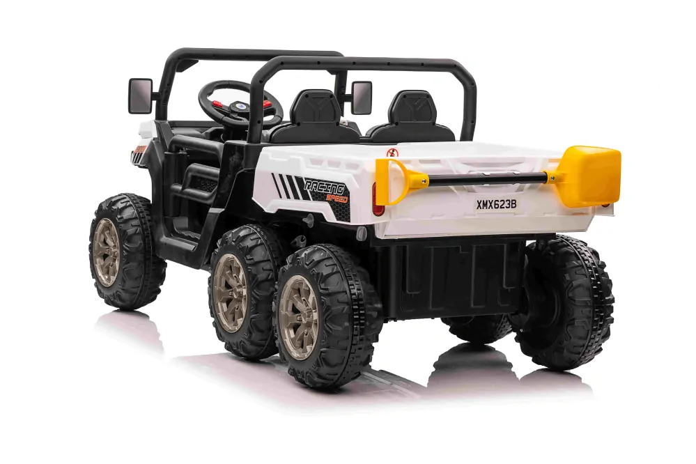 JOKO Elektrické autíčko s Elektricky vyklápacou vlečkou Pick-Up Speed 900, EFEKT Hojdania, kožené sedadlo, 6 kolies, penové kolesá, nosnosť 50kg, biele