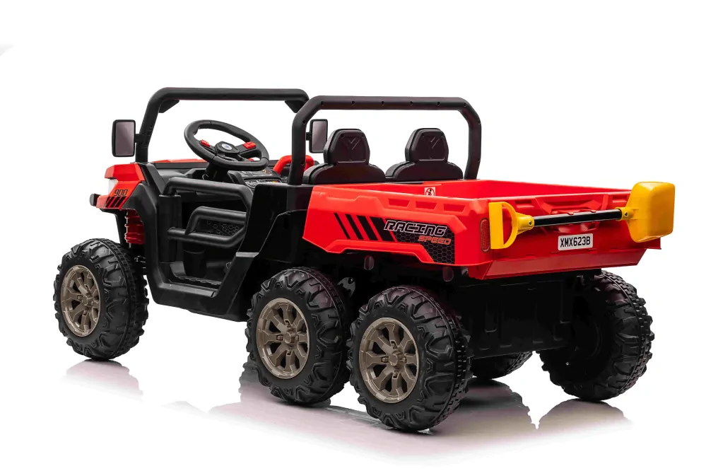 JOKO Elektrické autíčko s Elektricky vyklápacou vlečkou Pick-Up Speed 900, EFEKT Hojdania, kožené sedadlo, 6 kolies, penové kolesá, nosnosť 50kg, červené