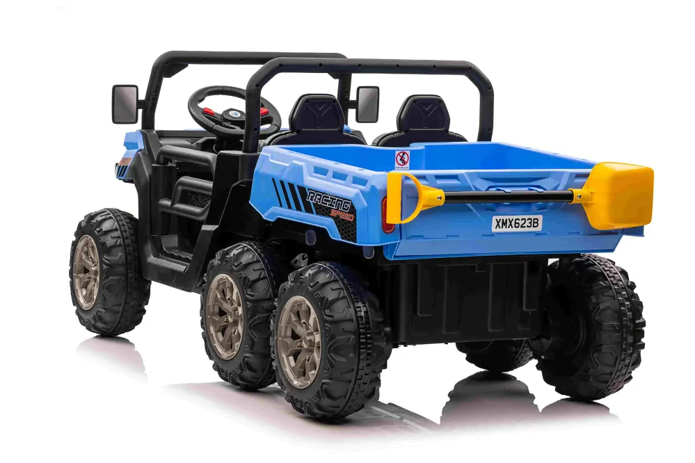 JOKO Elektrické autíčko s Elektricky vyklápacou vlečkou Pick-Up Speed 900, EFEKT Hojdania, kožené sedadlo, 6 kolies, penové kolesá, nosnosť 50kg, modré