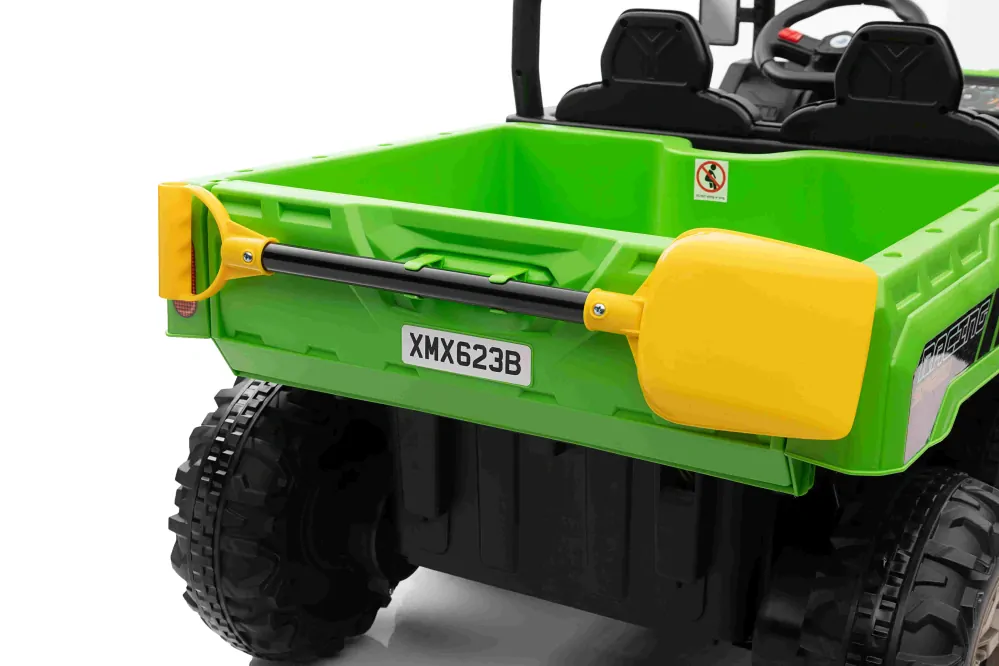 JOKO Elektrické autíčko s Elektricky vyklápacou vlečkou Pick-Up Speed 900, EFEKT Hojdania, kožené sedadlo, 6 kolies, penové kolesá, nosnosť 50kg, zelené