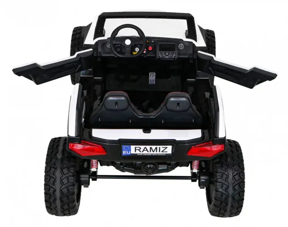 JOKO Veľké Elektrické autíčko BUGGY 4x4 Clash 24V, FM rádio, DVOJMIESTNE Kožené sedadlo, NOSNOSŤ 60KG, penové kolesá, biele