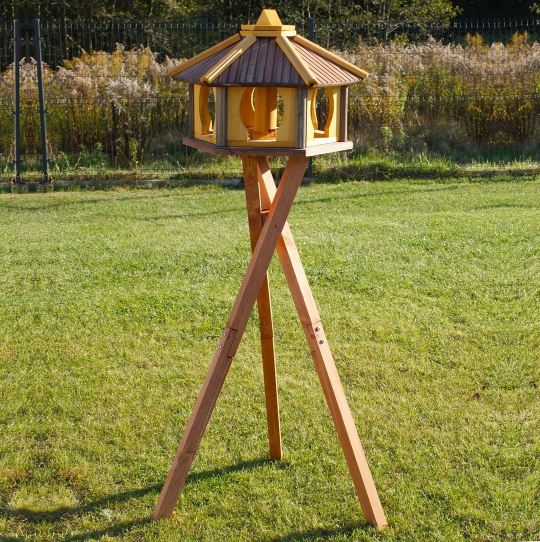 MKSTOR Drevené kŕmitko pre vtáky 60cmx50x42cm, vtáčia búdka so zásobníkom jedla, hnedá