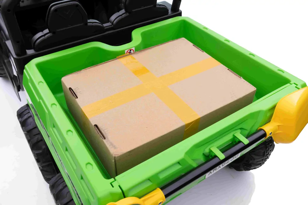 JOKO Elektrické autíčko s Elektricky vyklápacou vlečkou Pick-Up Speed 900, EFEKT Hojdania, kožené sedadlo, 6 kolies, penové kolesá, nosnosť 50kg, zelené