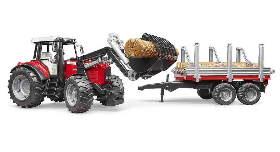 Bruder, Traktor Massey Ferguson 7480 s predným nakladačom a prívesom na drevo, 1:16