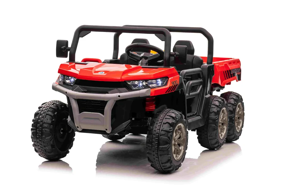JOKO Elektrické autíčko s Elektricky vyklápacou vlečkou Pick-Up Speed 900, EFEKT Hojdania, kožené sedadlo, 6 kolies, penové kolesá, nosnosť 50kg, červené