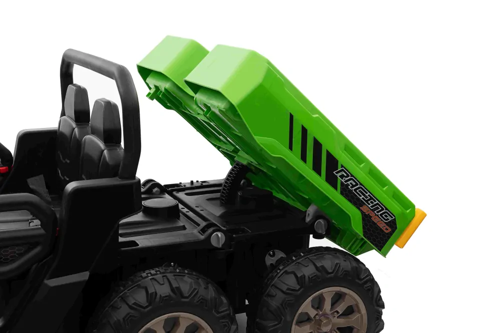 JOKO Elektrické autíčko s Elektricky vyklápacou vlečkou Pick-Up Speed 900, EFEKT Hojdania, kožené sedadlo, 6 kolies, penové kolesá, nosnosť 50kg, zelené