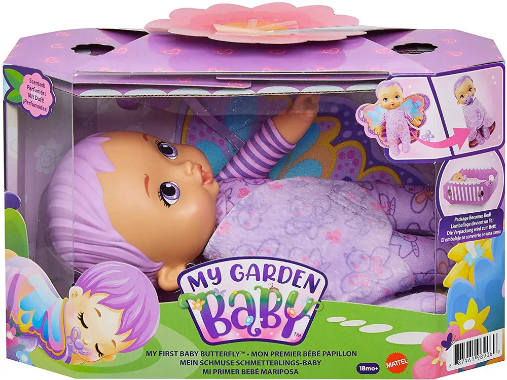 Mattel My Garden Baby Moje Prvé Bábätko – Fialový Motýľ + obal Kolíska