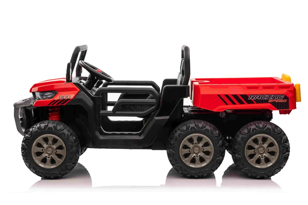 JOKO Elektrické autíčko s Elektricky vyklápacou vlečkou Pick-Up Speed 900, EFEKT Hojdania, kožené sedadlo, 6 kolies, penové kolesá, nosnosť 50kg, červené
