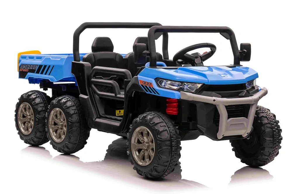 JOKO Elektrické autíčko s Elektricky vyklápacou vlečkou Pick-Up Speed 900, EFEKT Hojdania, kožené sedadlo, 6 kolies, penové kolesá, nosnosť 50kg, modré