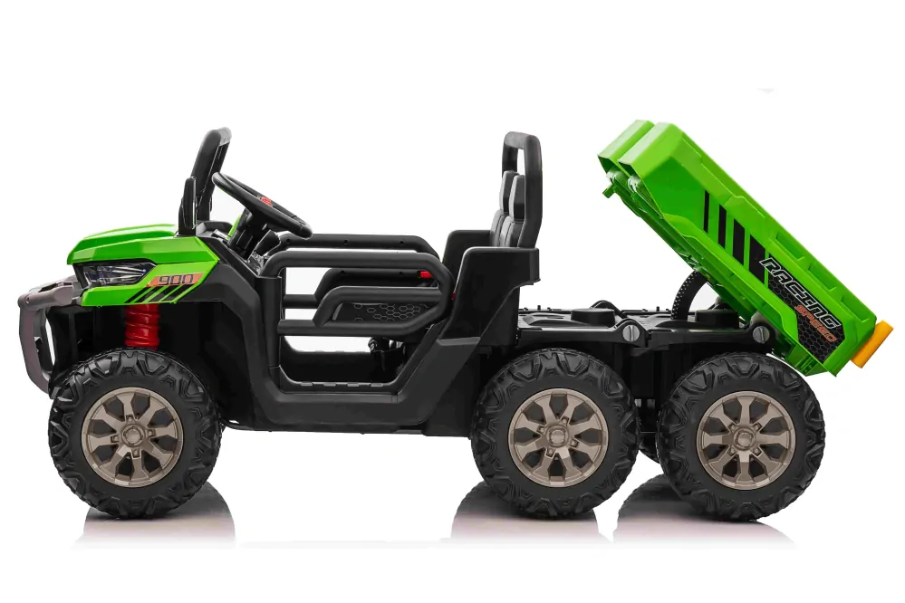 JOKO Elektrické autíčko s Elektricky vyklápacou vlečkou Pick-Up Speed 900, EFEKT Hojdania, kožené sedadlo, 6 kolies, penové kolesá, nosnosť 50kg, zelené