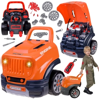 JOKO MOTOR Master Autodielňa Sada Malého Automechanika Auto Jeep Off-Road s volantom, so svetlom a zvukom, auto na učenie opravovať + diaľkové ovládanie, oranžové
